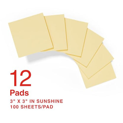 Staples Sticky Notes, 3" x 3", Yellow, Recycled Paper, 1200 Sheets – Eco‑Friendly Self‑Stick Notes for Home, School & Office - size: 3'' x 3'', style: 12 Pack