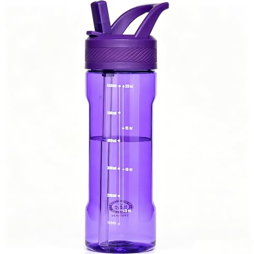 OLDLEY 20oz Kids Water Bottle with Straw, BPA-Free Tritan Water Bottle for School, Leakproof Clear Water Bottle with One Click Open, Measurement Scale, Cup Holder Friendly for Boys Girls,Deep Purple - color: Deep Purple