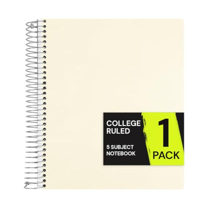 ONAVIA 5 Subject Spiral Notebook College Ruled, 400 Pages | 200 Sheets, 9 x 11 in, Waterproof Plastic Cover, Durable, 3-Hole Punched, Dividers, Pockets - color: Beige