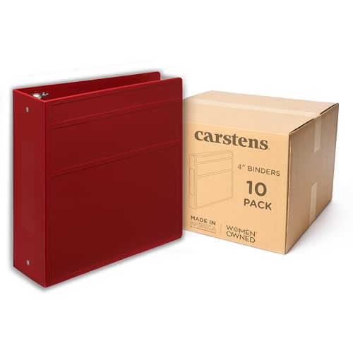 Carstens 4-Inch Heavy Duty 3-Ring Binder - Side Opening, Brick Red, Durable Plastic, No-Gap Rings, Waterproof Cover, No Pockets, Holds 600 US Letter Sheets, BPA-Free, Made in USA (1840-3R), Case of 10 - color: Red, size: Case of 10