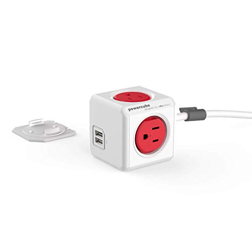 Allocacoc PowerCube Extended 4 Outlets 2USB, 5ft Power Strip Surge Protector 1875W 15A 125V 14AWG, No Blockage, Mounting Dock, Heavy Duty Travel Home Office Dorm Cruise Compact Space Saving, ETL - color: Red