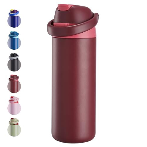 Fijinhom 18 oz Insulated Water Bottle, Stainless Steel Water Bottle with 2-in-1 Straw and Push-Button Spout Lid, Keeps 24 Hours Cold, Double Wall Vacuum Leak-Proof & BPA-Free for Sports, Travel, Red - color: Red, size: 18 Ounces