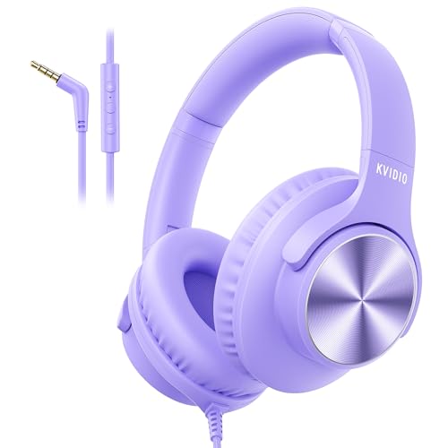 KVIDIO Wired Headphones with Mic, Volume & Playback Control, Over-Ear Foldable Headphones, 3.5mm Plug, 90° Swivel Ear Cups, 4.9ft Tangle-Free Cord for Tablet, Laptop, PC, School, Travel (Purple) - color: Purple