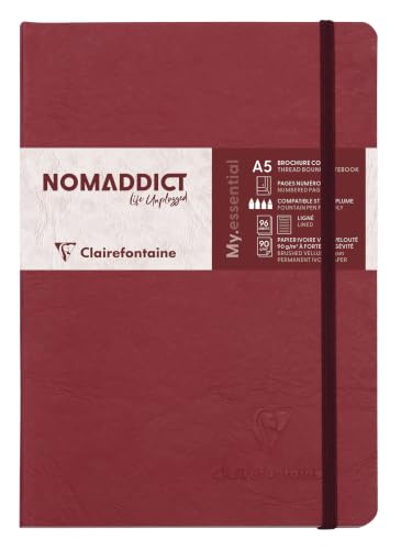Clairefontaine 793462C Collection Age Bag One Stitched My.Essential Stitched Elastic Notebook Red - A5 14,8x21 cm - 192 Numbered Lined Pages - 90 g Ivory Paper - Grain Leather Glossy Hardcover - color: Red