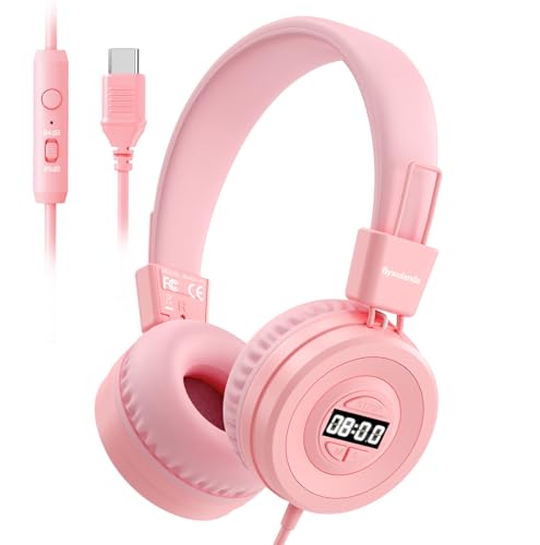 Bywulanda USB-C Kids Headphones with Digital Timer, Pink | Foldable Adjustable Lightweight, 85/94dB Volume Limit, On-Ear with Microphone, For Toddler Students Tablet iPad - color: Pink
