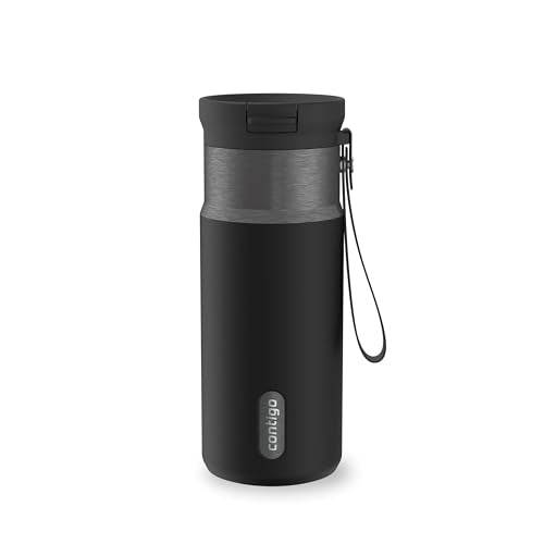 Contigo SnapSeal 473.2ml(16온스) 스테인리스 스틸 진공 단열 물병, 누출 방지 자동 닫힘 뚜껑(빨대 호환) 및 휴대용 스트랩, BPA 프리 및 납 프리, 식기세척기 사용 가능 - color: 감초 건메탈, size: 16온스