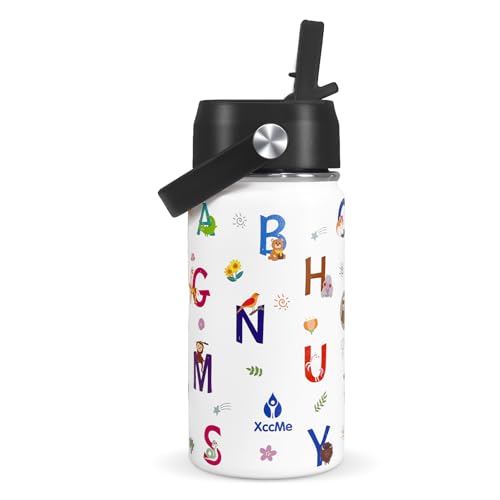 Alphabet Kids Water Bottle With Straw Lid,14 oz Stainless Steel Travel Bottle,Double Wall Leak Proof Kids Cup,Insulated Tumbler for Toddlers,Metal Animal Bottle for School Boys Girls - color: Alphabet, size: 14 Ounces
