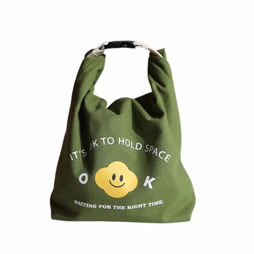 Japanese Bento Bag, Stylish Smiley Face Canvas Insulated Lunch Tote with Handle and Buckle Roll-up Lunch Bag - color: Green