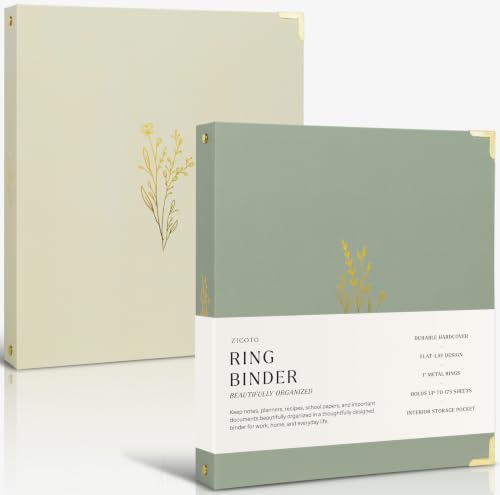 Aesthetic 3 Ring Binder Set of 2 - Sturdy 1 Inch Binder Fits Letter Sized Paper - A Cute Holder for Women or Men with Pocket Easily Organizes Your Paperwork for School, Office or Work - color: Beige-green