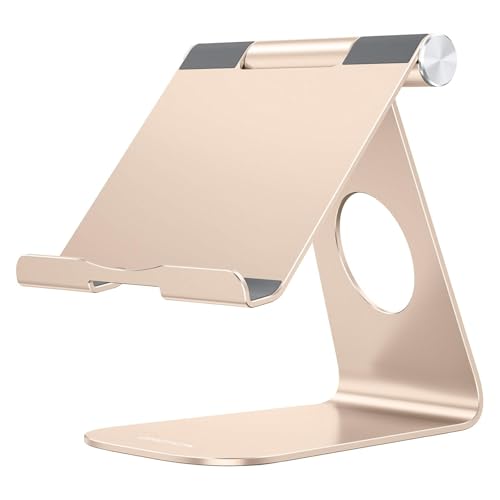 OMOTON T1 Adjustable Tablet Stand for Desk, Aluminum Holder for iPad Gold | Solid Metal Build | Charging Cutout | Anti-Slip Silicone Pads | Multi-Angle Adjustable | Fits 3.5-12.9" | Holds Thick Cases - color: Gold