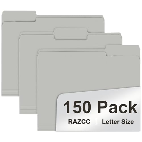 File Folder, RAZCC 150 Pack 1/3 Cut Tab File Folders Letter Size, Grey, Folders with Tab, Great for Organizing and Easy File Storage - color: Grey