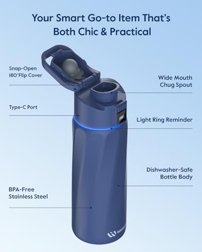 WaterH BOOST Smart Water Bottle Tracker with Reminder to Drink Water, 24oz | BPA-Free Double Wall Vacuum Insulated Stainless Steel, Leakproof, Smart App Tracking, Fits Cup Holders, Wide Mouth for School - color: Navy Blue, size: 24 Ounces