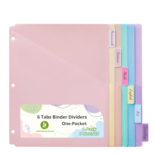 6-Tab Letter Size Dividers for 3 Ring Binder, Wheat Straw Binder Dividers with One Pocket, 6 Pastel Colors, Perfect for School, Office Supplies (1) - color: Pastel Color, size: 1-Pack