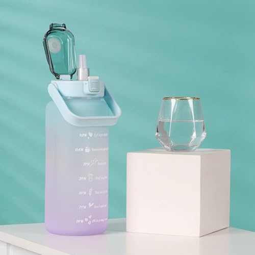 Large Motivational Water Bottle with Straw Time Marker BPA Free for Sport and Fitness (64 Oz/Half Gallon) (cyan-blue-purple)