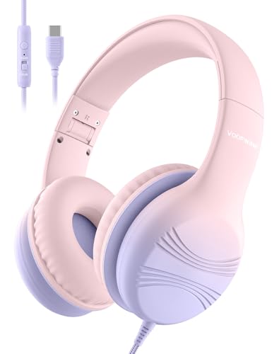 Voopwink USB Type C Kids Headphones, Wired Headphones for Kids with Microphone 85/94dB Volume Limit, Stereo Sound Portable Over Ear Headphones for School/Travel/Tablet/iPad, Gradient Pink - color: Gradient Pink, size: USB Type C Plug