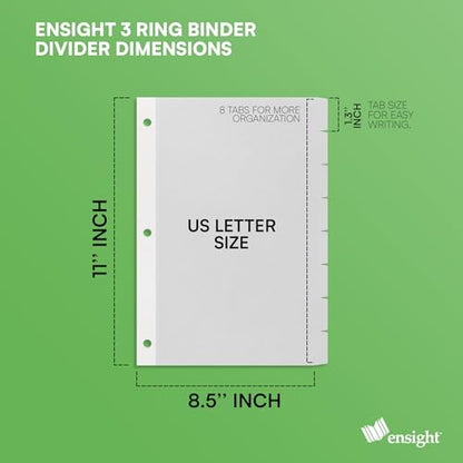 Ensight 3 Ring Page Dividers Bulk, 1/8 Cut Tab Dividers - 96 Per Box Divider Pages with Tabs, Decorative Printable Rewritable Divider Tabs, Exhibit Tab Dividers for 3 Ring Binders Bulk - size: 8 Tabs With 12 Sets