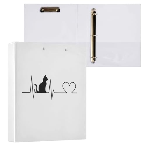 Fustylead Cat Electrocardiogram 3 Ring Binder, D-Rings 1.5" Hardcover Folder, Fits 200 Sheets of A4 Paper, Durable Clipboard & Clean View with Inside Pockets for School Home Office - size: 12.4x10.63x2.36 Inch-1 Pack