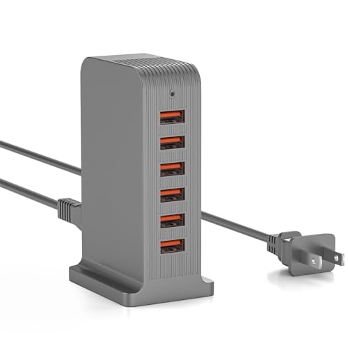 VPSUN USB Charger 6 Port 50W Multi USB Tower Charging Station for Multiple Devices iPhone 15/14/14 Pro/14 Pro Max/13 Pro/13 Pro Max/Android/Samsung/Tablet,etc (Gray, 50W) - color: gray