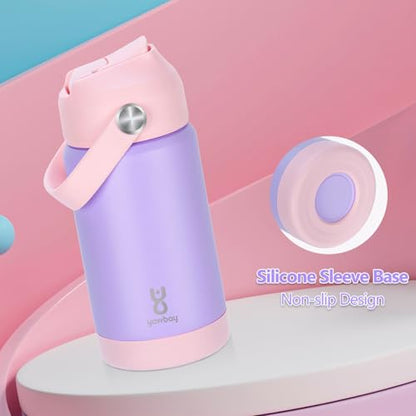 Kids Insulated Water Bottle with Straw Lid & Silicone Handle,12oz Kids Leak Proof Water Bottle for School Boys Girls,Double Wall Vacuum Stainless Steel with Non-slip Silicone Base(Light Purple) - color: Light Purple, size: 12 Ounces