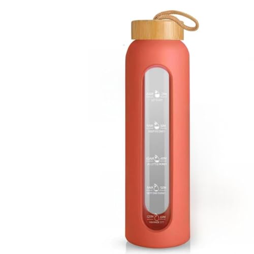 Sursip 32 oz Glass Water Bottle, Time Marker with Silicone Sleeve & Lid | 1 Liter BPA-Free Motivational Bottle, Leak-Proof Dishwasher Safe - color: Brown