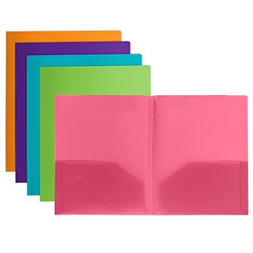 Samsill Durable Plastic Poly Pocket Folders, 5 Pack Assorted Fashion Colors, 2 Inside Pockets, Used for Office and School Supplies, Letter Size File Folders, Business Card Slot - size: 5 Pack