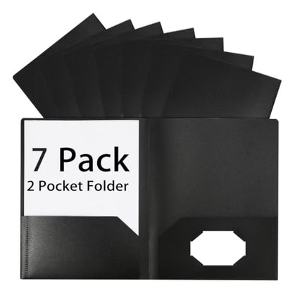 Black Folders with Pocket 7 Pack, 2 Pocket Folders, Plastic Folders with Pockets, Letter Size 8.5x11 inches File Folders with Business Card Slot for School, Home Office Business Use - color: Black