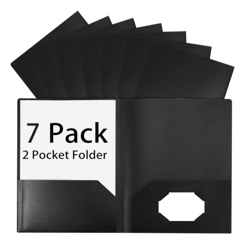 Black Folders with Pocket 7 Pack, 2 Pocket Folders, Plastic Folders with Pockets, Letter Size 8.5x11 inches File Folders with Business Card Slot for School, Home Office Business Use - color: Black