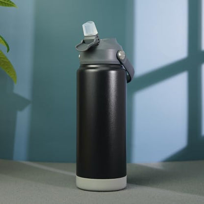 BJPKPK Insulated Water Bottle with Straw Lid, 18oz Thermo Water Bottles with Soft Nozzle, Flex Handle & Non-slip Boot, BPA Free Leak Proof Stainless Steel Metal Thermo, Tumblers, Cups,Black - color: Black, size: 18 Ounces