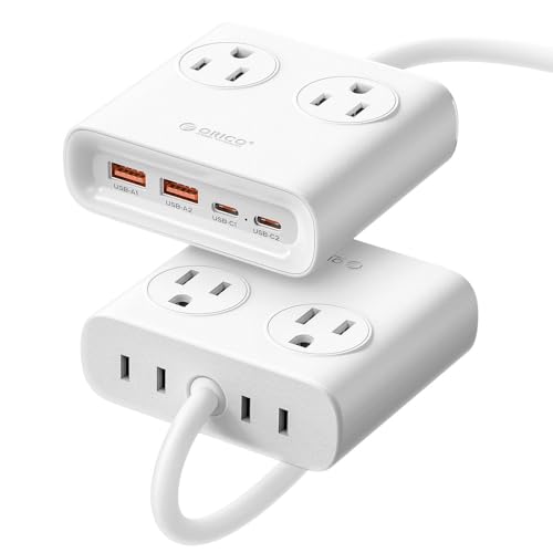 ORICO Power Brick, 25W GaN Power Strip, 8-in-1 Desktop Charging Station with 4 AC Outlets, 2 USB-C, 2 USB-A Ports, 5ft Extension Cord, Ultra Thin Flat Plug for Travel Office ETL Listed-PDC (1 PC) - color: White（25W)