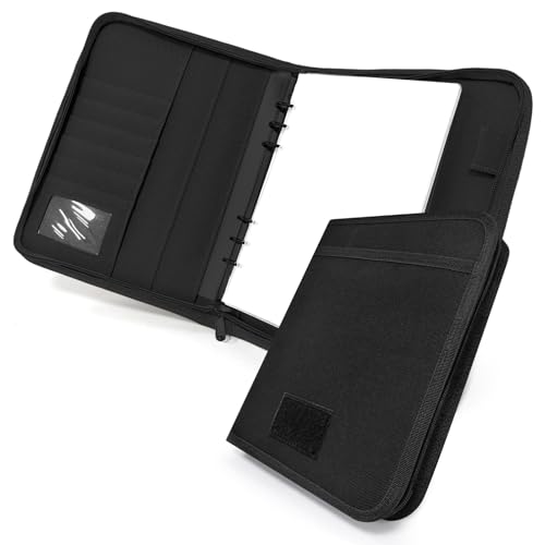 Tactical Notebook Cover, A5 Padfolio 6 Ring Binder with Big Back Pocket & Hand Strap, Zippered Hardcase Planner for Journal, College, Office, Field (Black, A5(7.3 x 10 inches)) - color: Black, size: A5