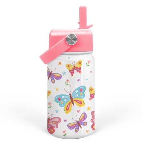 Kids Water Bottle with Straw Lid - 12 Oz Insulated Stainless Steel Water Bottles for Kid Girl- Travel Cup for School Sports - color: Butterfly