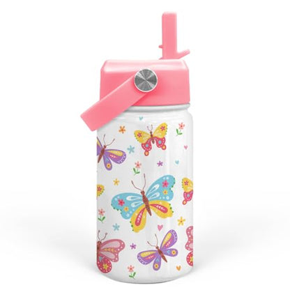 Kids Water Bottle with Straw Lid - 12 Oz Insulated Stainless Steel Water Bottles for Kid Girl- Travel Cup for School Sports - color: Butterfly