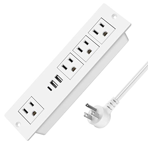 Recessed Power Strip with PD 20W USB-C, Flush Mounted Drawer Outlet, 4 Outlets & 3 USB Ports, Conference Desktop Built in Power Strip, 6FT Extension Cord(White) - size: 6FT, style: 20W-2A1C-White