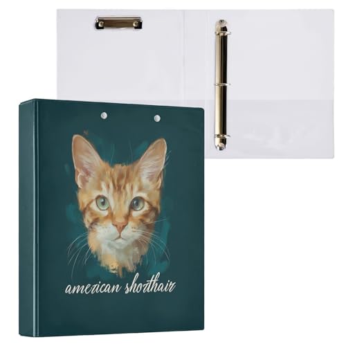 Fustylead American Shorthair Cat 3 Ring Binder, D-Rings 1.5" Hardcover Folder, Fits 200 Sheets of A4 Paper, Durable Clipboard & Clean View with Inside Pockets for School Home Office - size: 12.4x10.63x2.36 Inch-2 Pack
