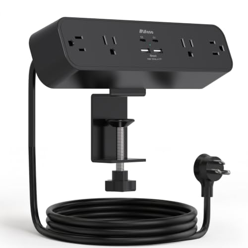 Mifaso PD65W Desk Clamp Power Strip, 1080J Surge Protector, 2 USB C | 4 Outlets, 5FT Extension Cord, Desk Organizer Gaming Accessories Office Essentials, Fit 1.96" Desk Edge, Black - color: Black, size: PD65W