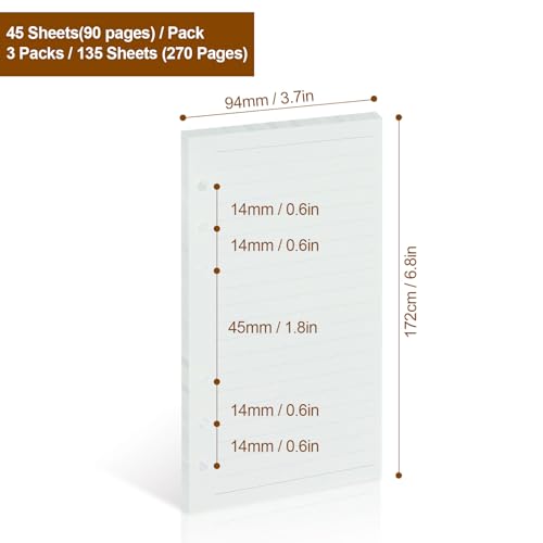 MultiBey A6 Refill Paper, 3-Pack Lined Refillable Paper, 6 Hole Filler Inserts for A6 Ring Binder, 100GSM Loose Leaf Papers 135 Sheets (270 Pages), 6.8x3.7inch - color: Lined Paper, size: A6