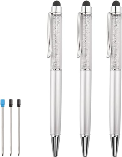 Bling Ballpoint Pens Crystal Diamond Pen Capacitive Touch Screen Stylus with Replacement Refills Rubber Tips for iPhone iPad Kindle Touchscreen Devices 3Pcs Writing Pen (Silver) - color: Silver
