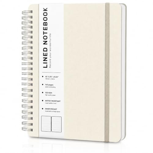 Lined Spiral Notebook for Women, A5 College Ruled Leather Spiral Journals | 160 Pages Small Journaling Notebooks, 5.7"x11" Note Book for Writing, Work, School, Men, Hardcover Leather Journals, Beige - color: Light Yellow, size: A5