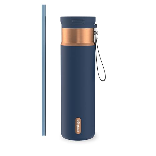 Contigo SnapSeal 709.8ml(24온스) 스테인리스 스틸 진공 단열 물병, 누출 방지 자동 닫힘 뚜껑, 휴대용 스트랩 및 재사용 가능한 빨대, BPA 프리 및 납 프리, 식기세척기 사용 가능 - color: 어비스 브론즈, size: 24온스