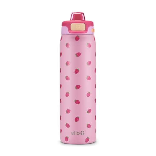 Ello Pop & Fill Insulated Stainless Steel Water Bottle with Quick Fill Lid, Leakproof Locking, Sip or Chug Spout, BPA-Free, Double Wall Vacuum Insulated for Sports, Travel & School- 22oz / 32oz / 40oz - color: Strawberries, style: 22oz