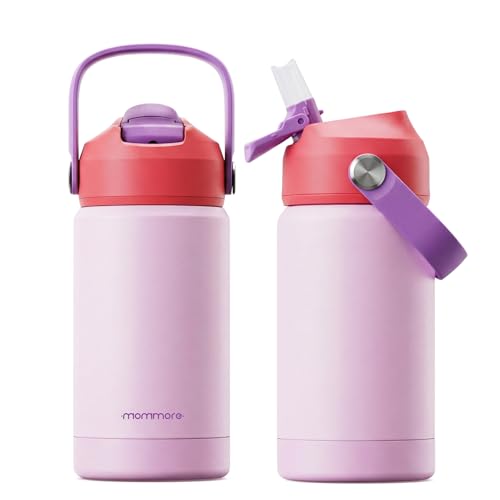 Mommore Kids Insulated Water Bottle with Soft Rubber Handle, 12oz Stainless Steel Thermos with Straw Lid, Leak Proof, Easy to Clean Design, Vacuum Small Canteen for School Boys Girls Light pink-1 Pc - color: Light Pink