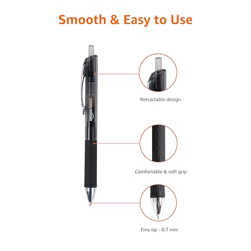 Amazon Basics Retractable Gel Pens, Fine Point 0.7mm, Smooth Writing, Black, No Smudge, School and Office Supplies, 12-Pack - color: Black