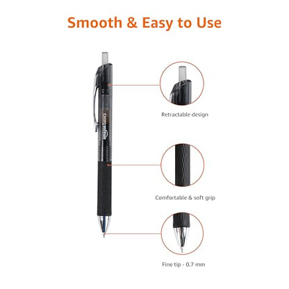 Amazon Basics Retractable Gel Pens, Fine Point 0.7mm, Smooth Writing, Black, No Smudge, School and Office Supplies, 12-Pack - color: Black