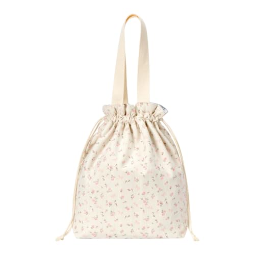 Corduroy Drawstring Lunch Bag, Soft Plush Insulated Lunch Tote for Women Adults, Work Office School Picnic Reusable(small floral print) - color: small floral print