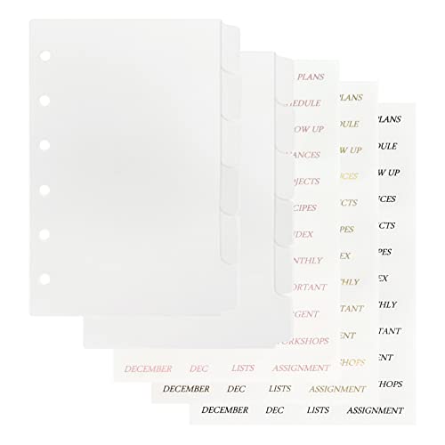 Koqye 12pcs A7 Pocket 6-Ring Binder Dividers with Tabs & Planner Stickers | 3.19" x 4.96", Transparent Sturdy Insertable Notebook Planner Tab Dividers for Binders, Agenda Accessories