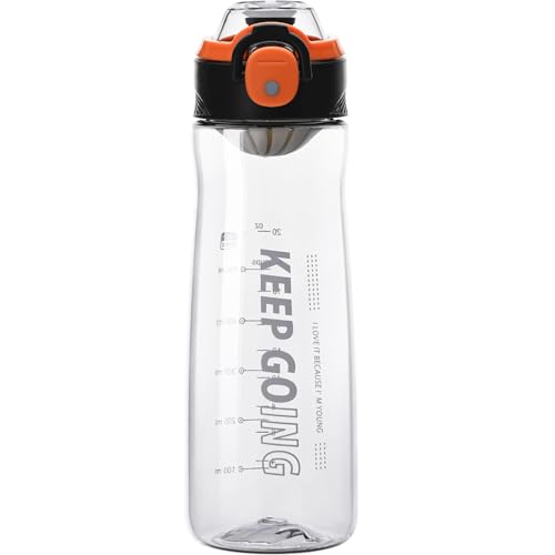 Doseno Clear Water Bottle, 27 oz Reusable Plastic Sports Bottle, Black | Clear plastic water bottle with measurements has dual openings, removable filter and carrying strap for gym and hiking