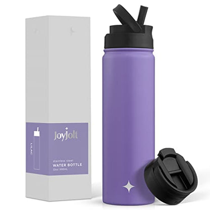 JoyJolt Triple Insulated Water Bottle with Straw Lid AND Flip Lid! 22oz Water Bottle, 12 Hour Hot/Cold Vacuum Insulated Stainless Steel Water Bottle. BPA-Free Leakproof Water Bottles - Thermos Bottle - color: Lilac Purple, size: 22 Ounces