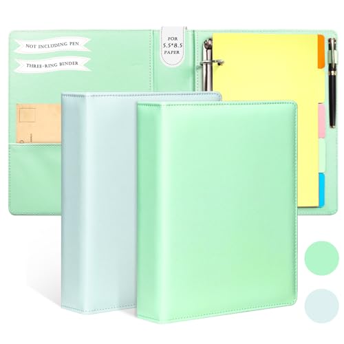 2 Pack Mini Size 3 Ring Binder 1 inch Rings 5 Colors Dividers Pu Leather Binders 5.5" X 8.5" Holds 200 Sheets Paper Three Ring Binder DRing with Pen Loop 1 Pockets School Office (Green&Blue) - color: Green&blue, size: 1"D Ring