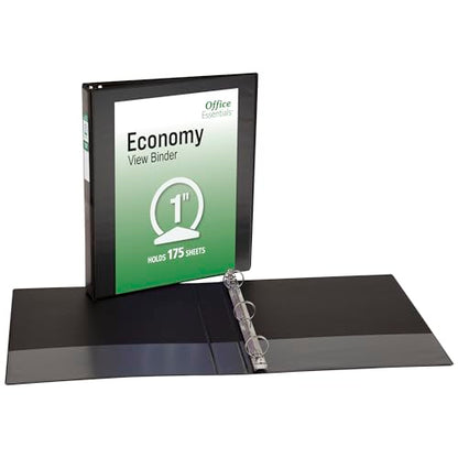 Office Essentials Economy View 3 Ring Binders, 1" Round Rings, 1.4" Spine, 175-Sheet Capacity, Black Binders (4-Pack of 03127) - size: 1"
