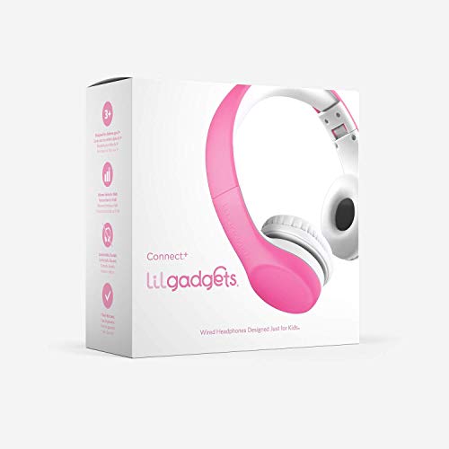 LilGadgets Connect+ Foldable Headphones, Adjustable Fit Soft Touch Padding for Kids with Mic, Volume-Limited & Noise Reduction On-Ear Wired Headset for School with SharePort - Pink, Ages 3-14 - color: Pink
